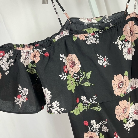 Forever 21 Small Cold Shoulder Off Shoulder Boho Floral Tunic Top Flowy Retro - Picture 4 of 8